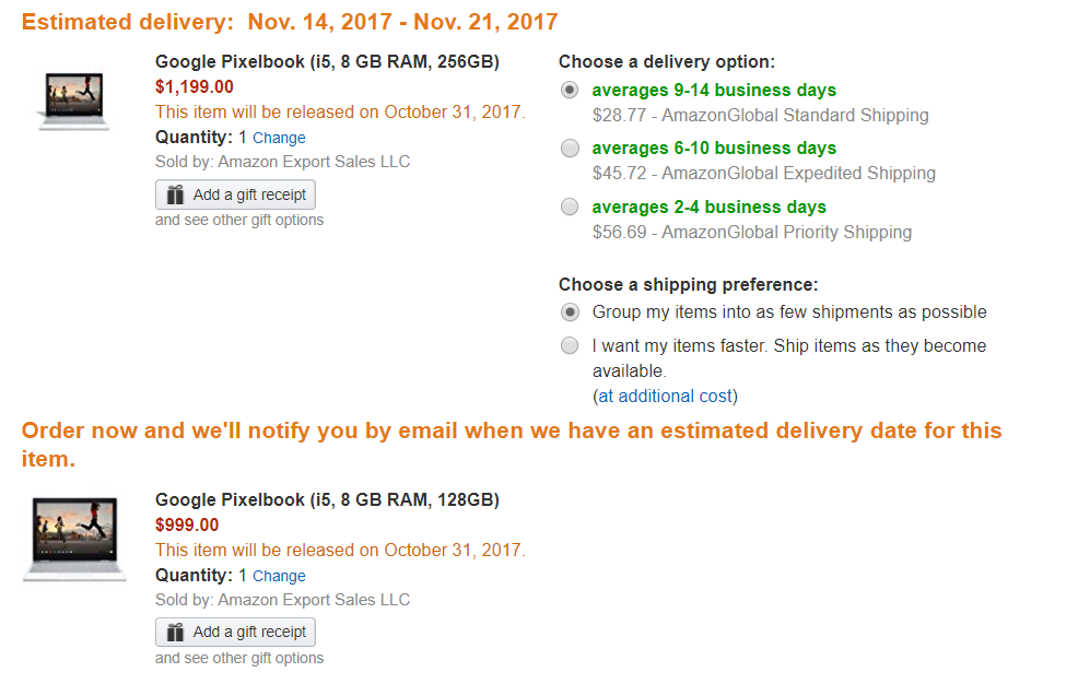 Amazonにおける10月29日時点の在庫状況