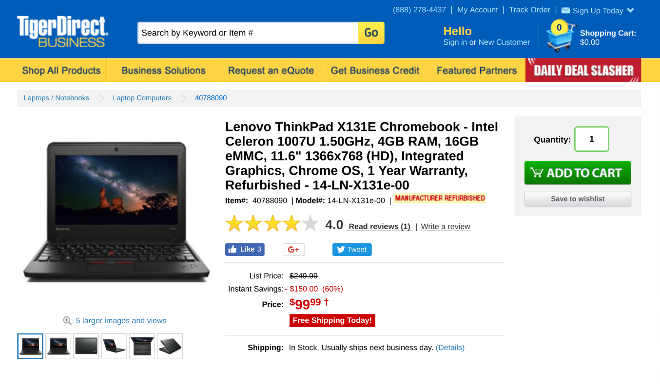 Lenovo ThinkPad X131E Chromebook - Intel Celeron 1007U 1.50GHz, 4GB RAM, 16GB eMMC, 11.6 1366x768 (HD), Integrated Graphics, Chrome OS, 1 Year Warranty, Refurbished - 14-LN-X131e-00 at TigerDirect.com
