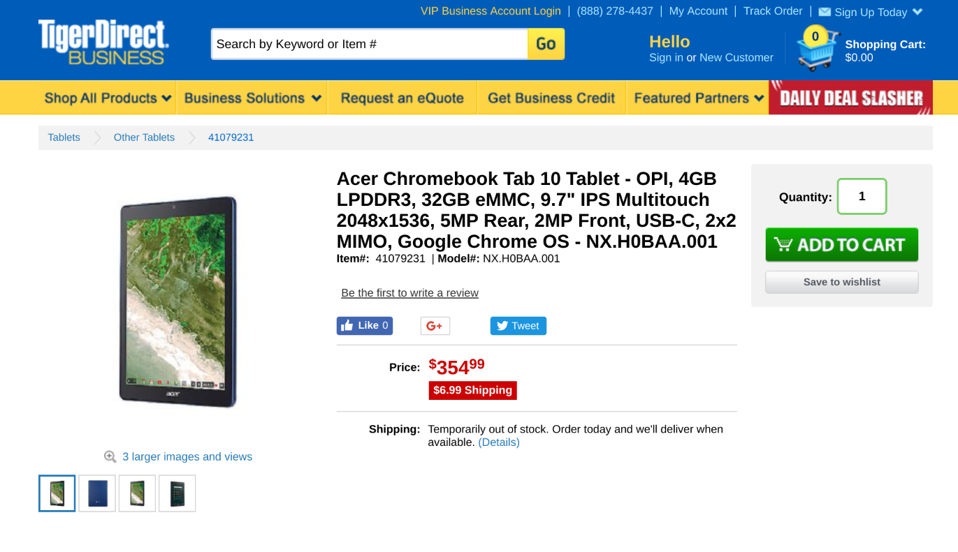 Acer Chromebook Tab 10 Tablet - OPI, 4GB LPDDR3, 32GB eMMC, 9.7 IPS Multitouch 2048x1536, 5MP Rear, 2MP Front, USB-C, 2x2 MIMO, Google Chrome OS - NX.H0BAA.001 at TigerDirect.com